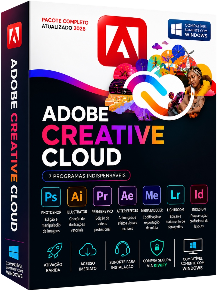 Caixa do produto Adobe Creative Cloud 2026 com 7 programas para Windows